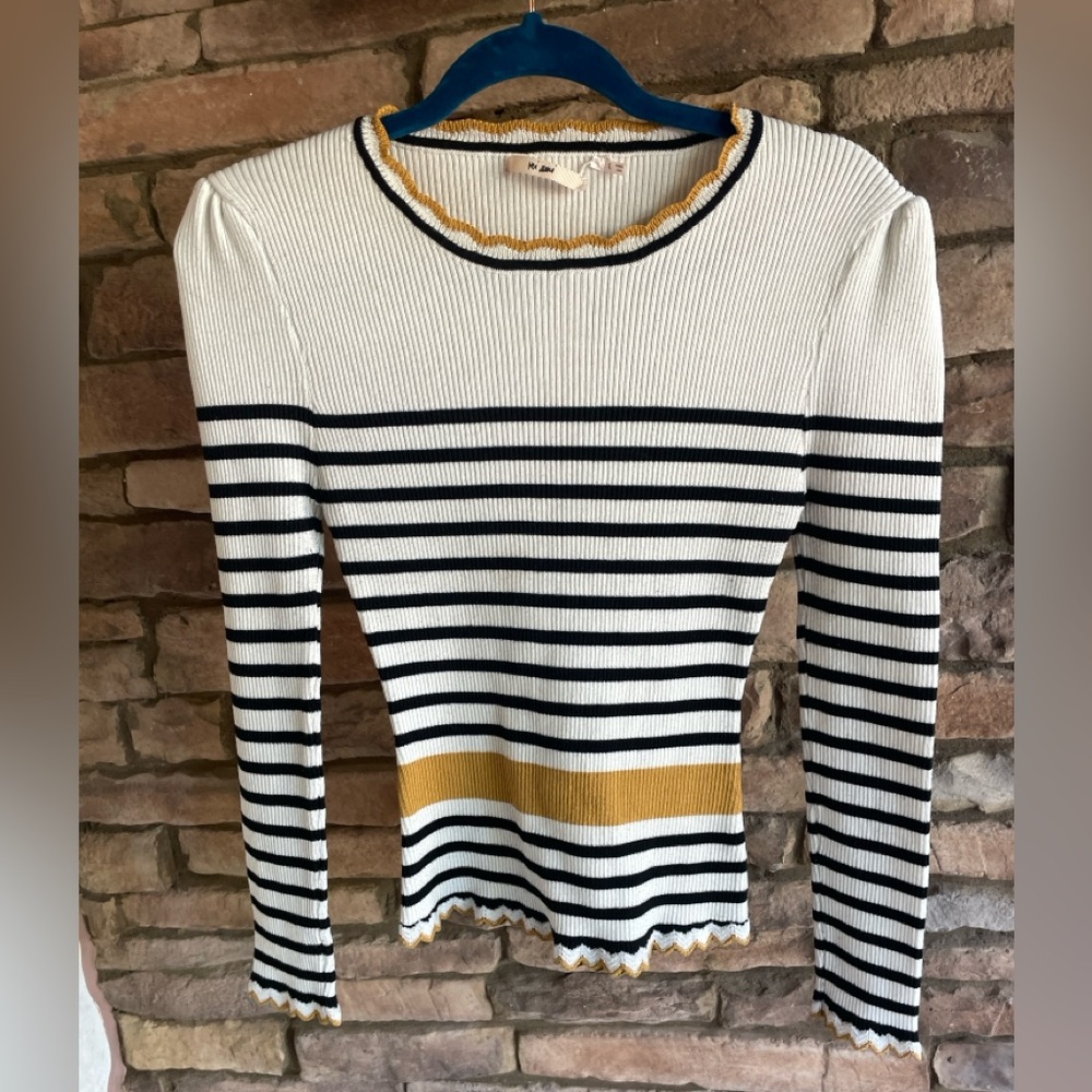 Francesca's Collections White, Black & Mustard Striped Ribbed Long-Sleeve Top